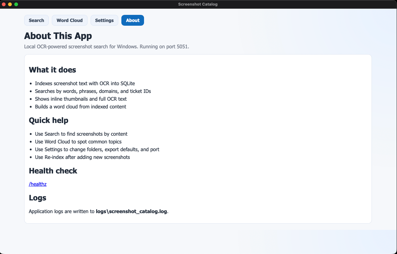 The About tab. It is a small local app, running quietly on your Mac.