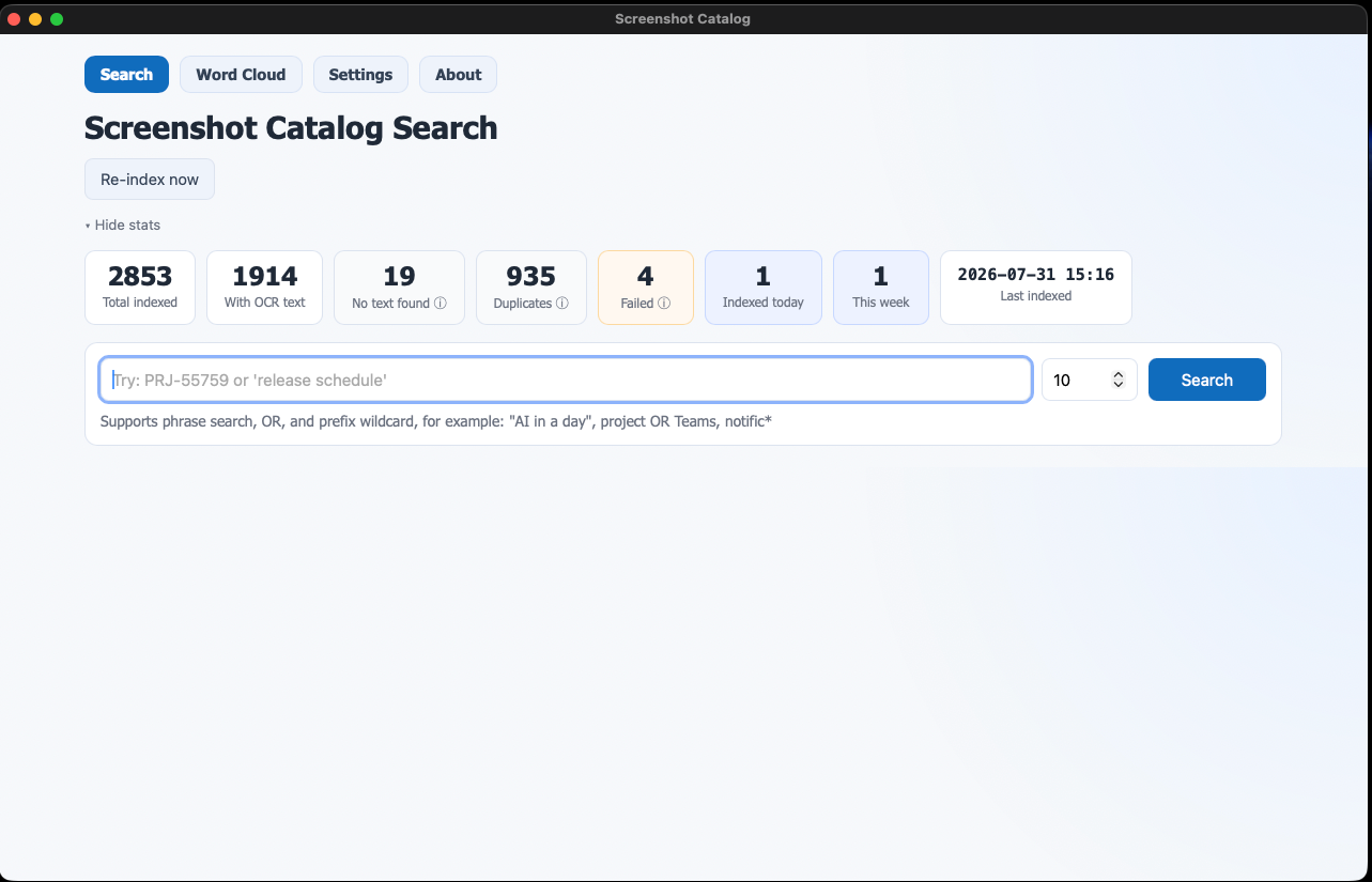 The main search screen. Type any word that appeared on screen and the matching screenshots come back instantly.