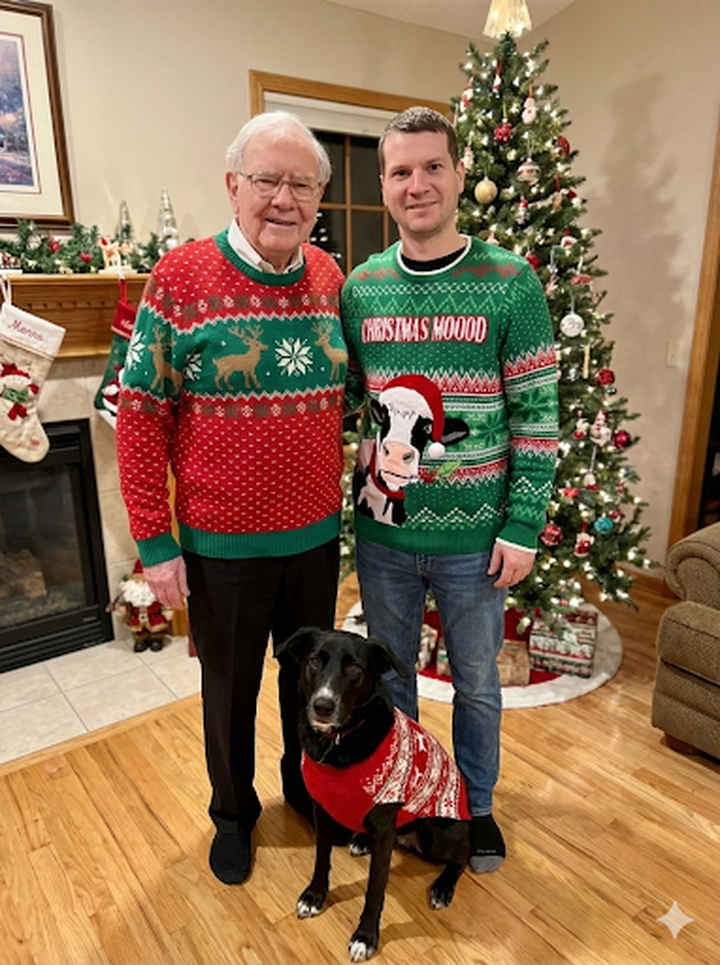 Gemini-generated Christmas card of Warren Buffett, Patrick, and the dog
