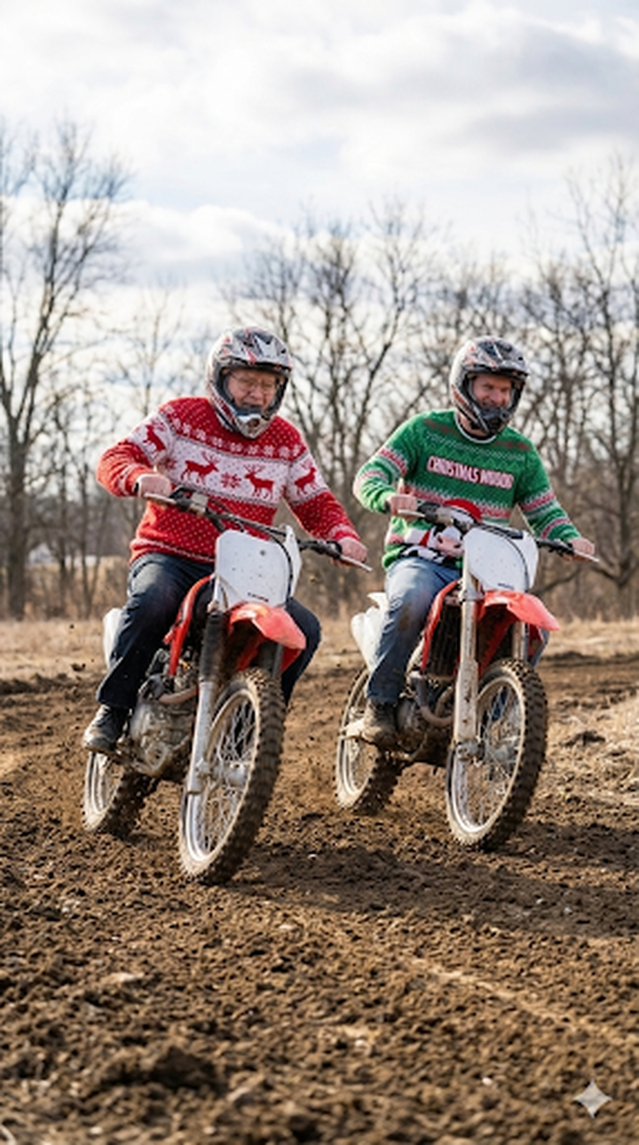 Gemini-generated image of Warren Buffett and Patrick riding dirtbikes in Christmas sweaters