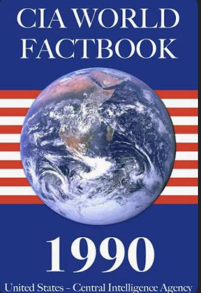 Cover of the 1990 CIA World Factbook: a photo of Earth over red and white stripes on a blue background, with the year 1990 below.