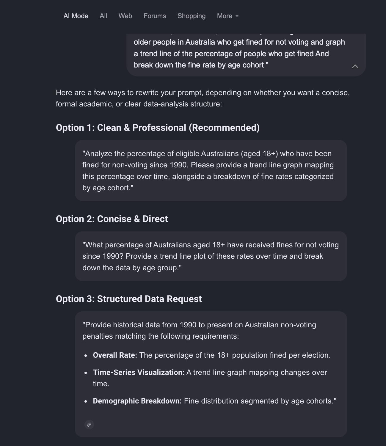 Google AI Mode offering three rewritten versions of my prompt: a clean and professional one, a concise and direct one, and a structured data request.