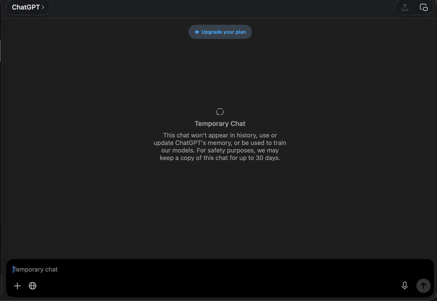 Screenshot of ChatGPT's temporary chat toggle.