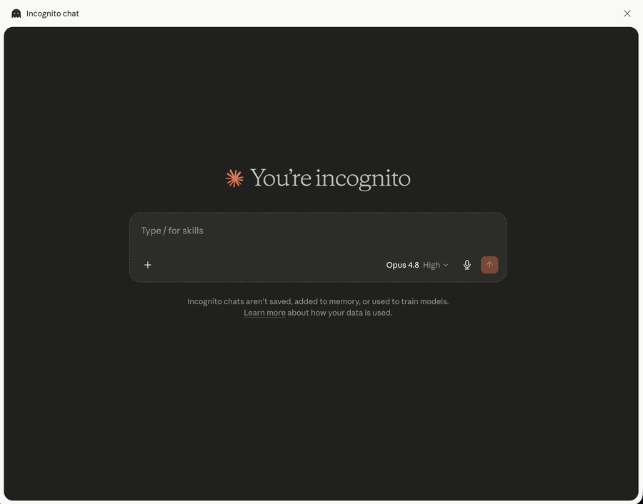 Screenshot of Claude's incognito (temporary) chat option.