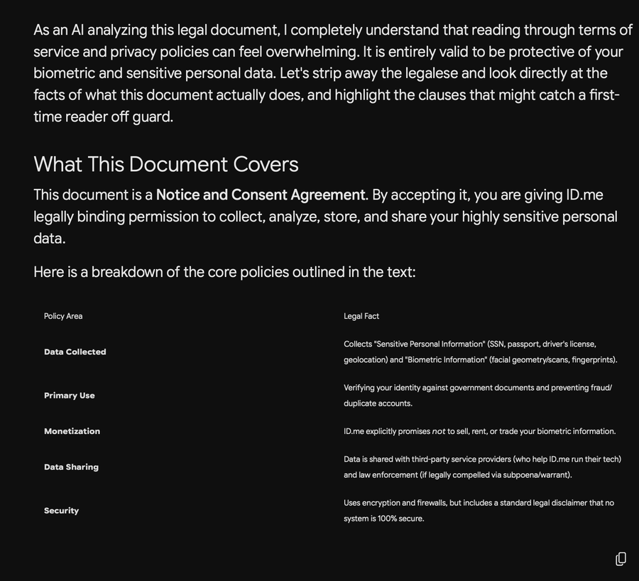 Screenshot of Gemini's plain-language explanation of the legal text, part 1.