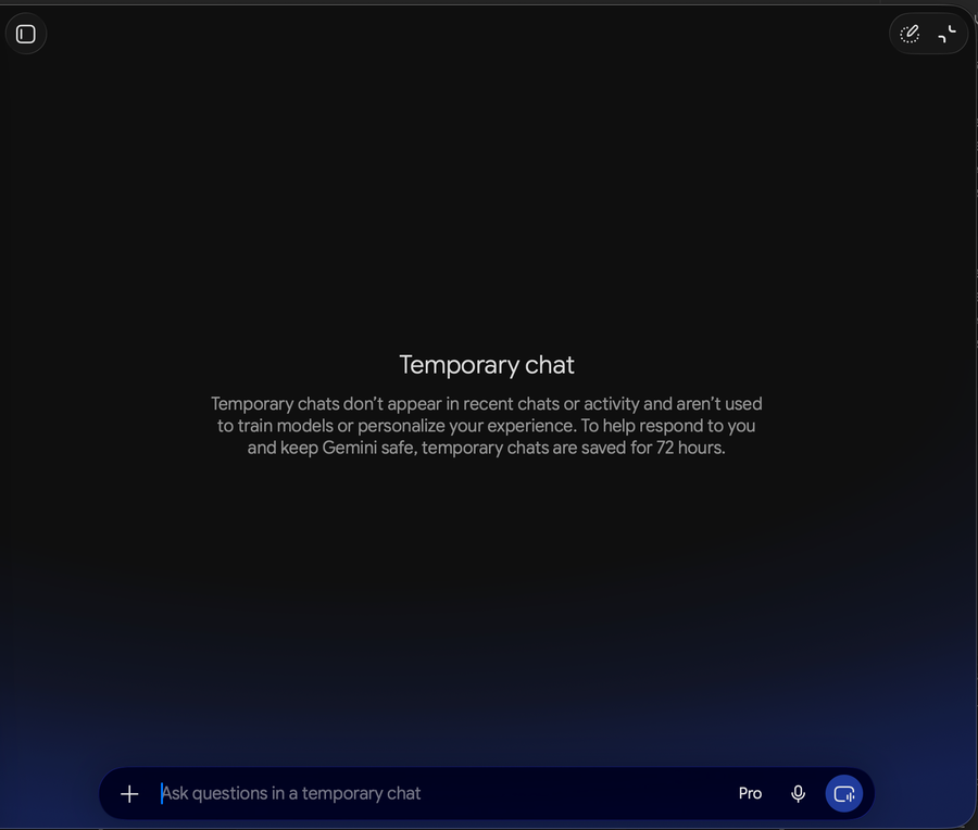 Screenshot of Google Gemini's temporary chat window in Chrome on macOS.