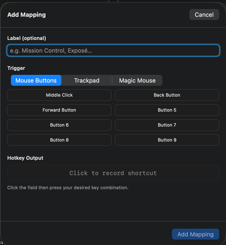 Adding a mapping: pick a mouse button, click the field, and press the shortcut you want it to fire. The recorder captures it, no key codes.