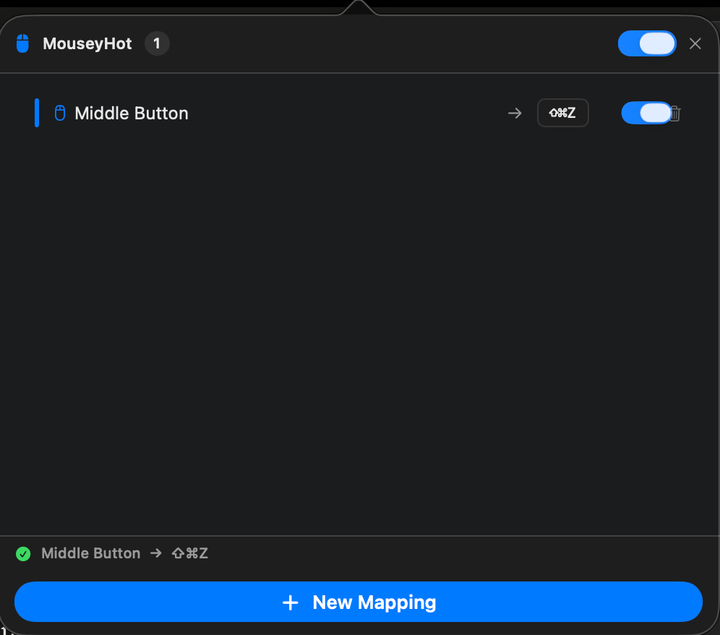The menu bar popover: my middle mouse button mapped to my screenshot shortcut, toggled on. Add or flip mappings with a click.